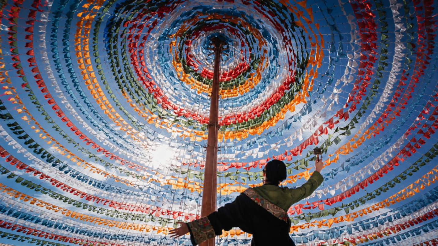A person in traditional dress beneath a vast spiral canopy of colourful prayer flags radiating from a central pole, China