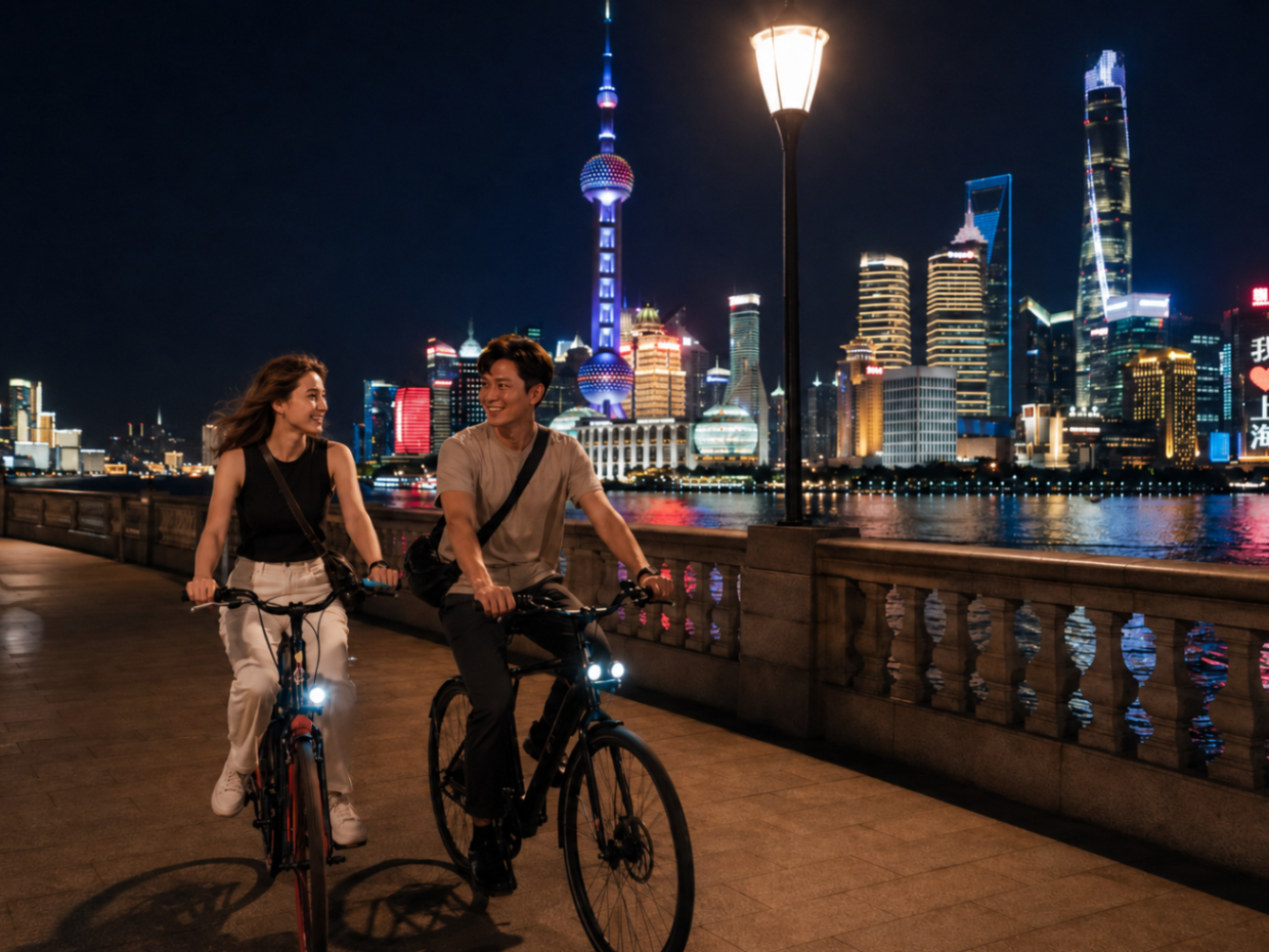 Two people cycling along the Bund promenade at night with the illuminated Pudong skyline and Oriental Pearl Tower reflected in the Huangpu River, Shanghai, China